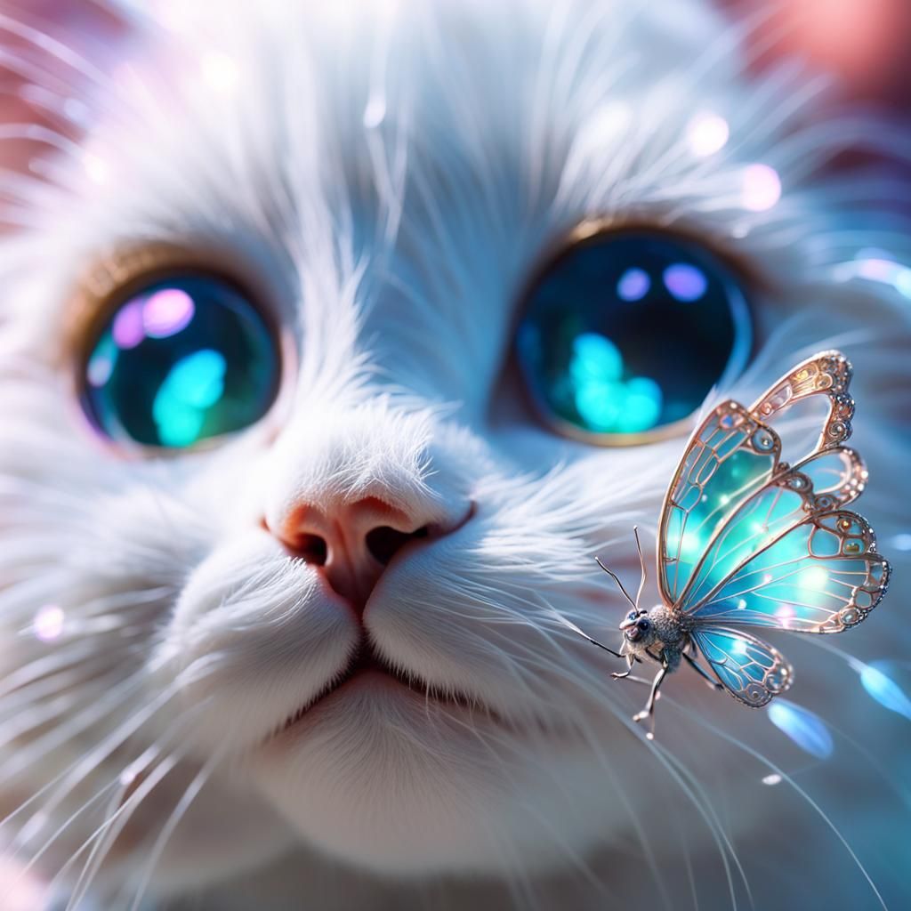 Crystal Butterfly on Kitten's Nose in Enchanted Garden