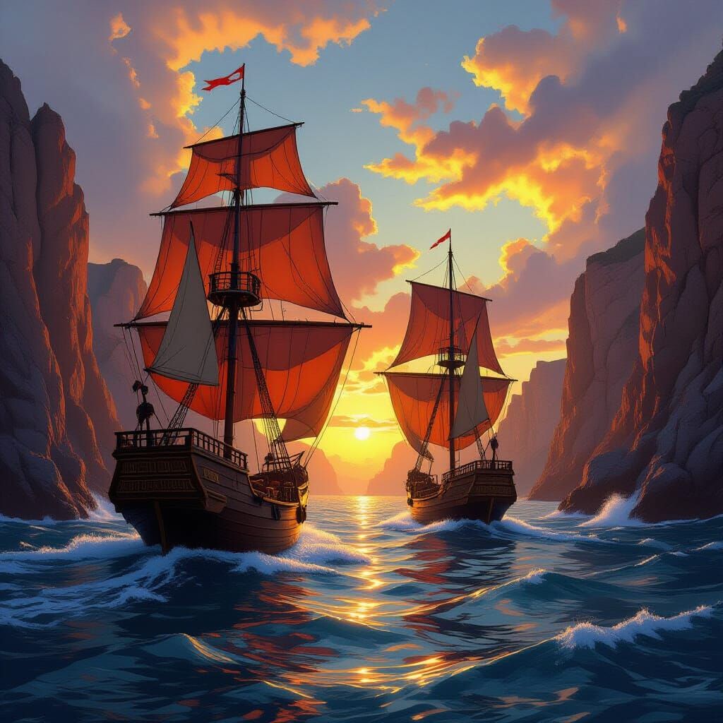 Sailing Ships in Sea Canyon at Sunset Fantasy Art