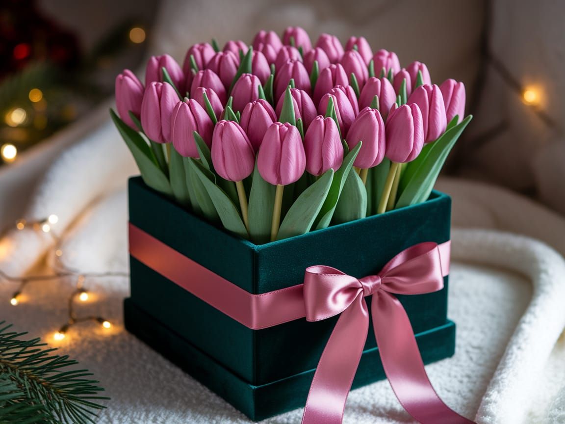 Vibrant Pink Tulips in Luxurious Dark Green Box