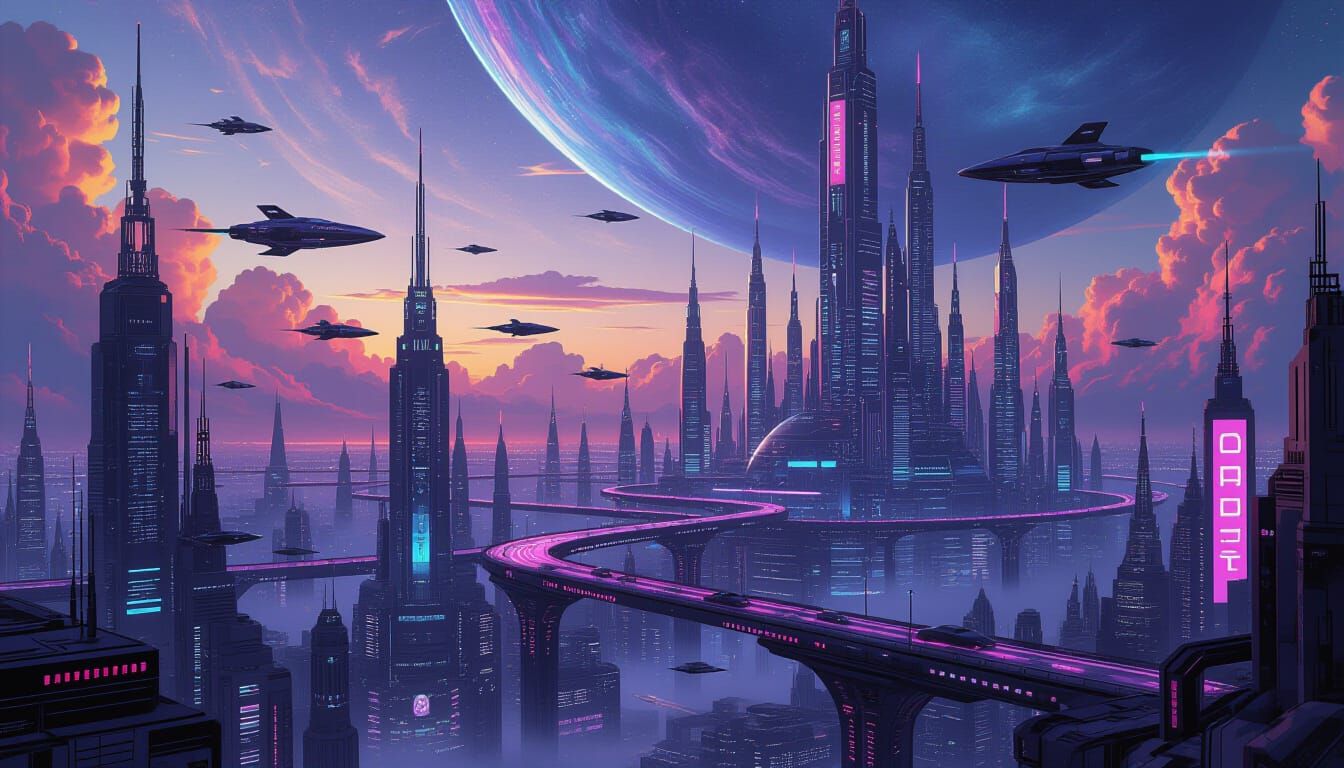 Futuristic Metropolis Illuminated by Alien Flora and Neon