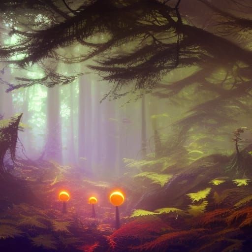 Bioluminescent Mushrooms in Fantasy Fern Garden