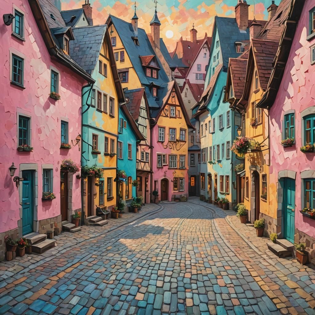 Expressionist German Village in Impasto Acrylic Painting
