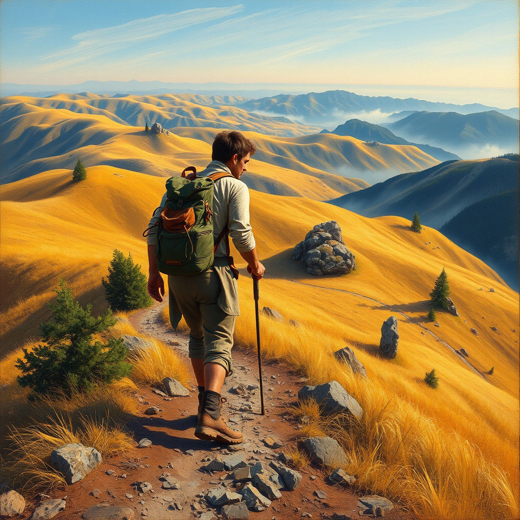 Hiker in Golden Landscape, Atmospheric Painting Style