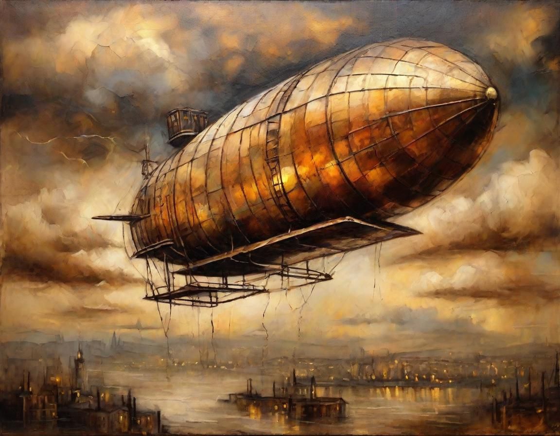 Airship Soaring Through Stormy Sky, Neo-Impressionist Painti...