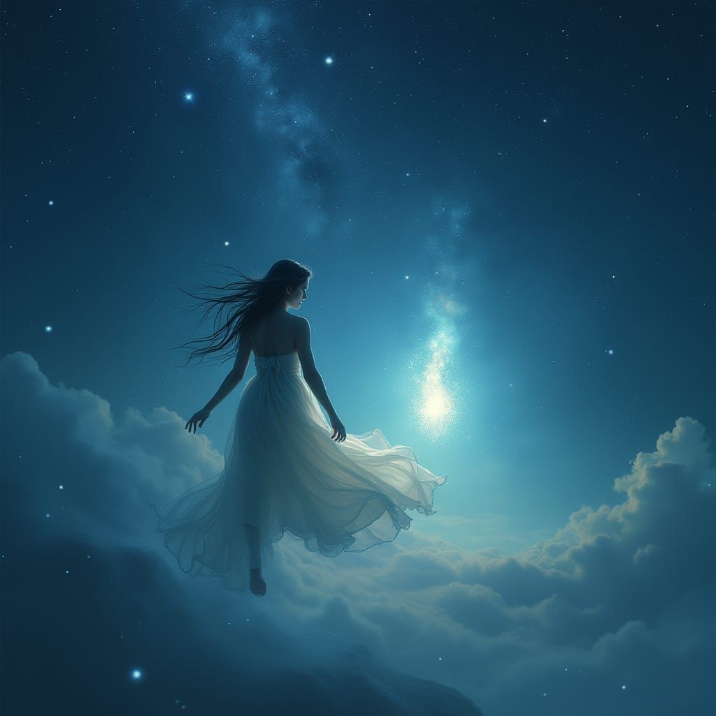 Ethereal Figure Drifts Toward Radiant Being Under Starry Nig...