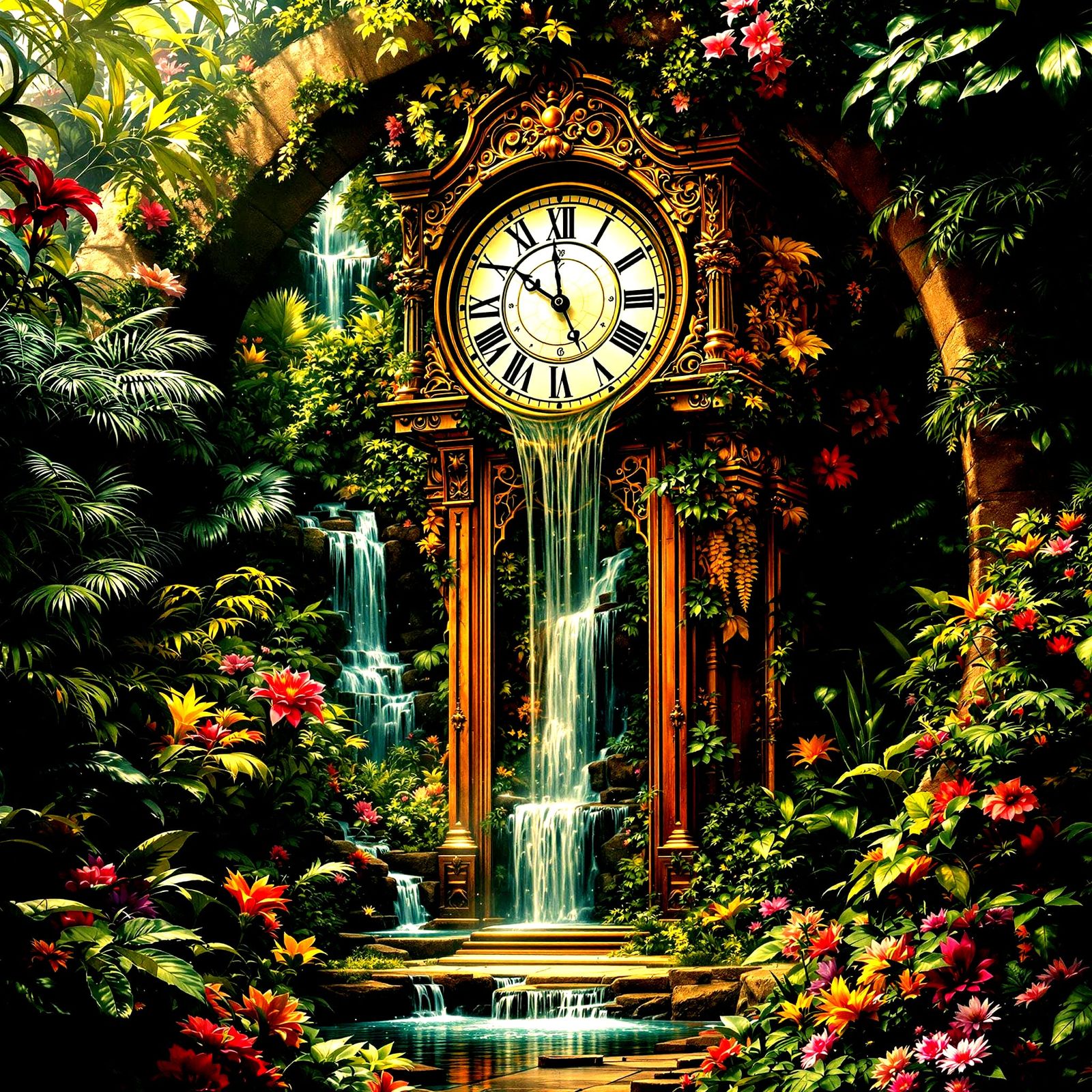 Enchanted Clockwork Falls in Vibrant Holographic Style
