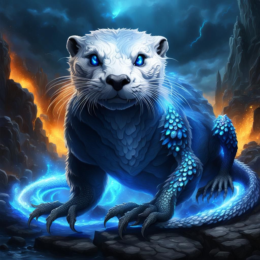 Dragon-Otter Hybrid with Blue Fire, Fantasy Concept Art