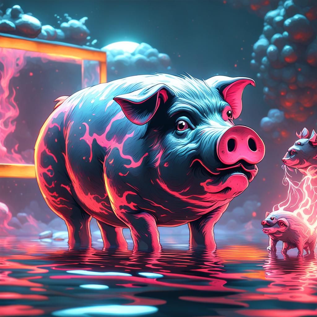 Fat little fury pig seeing his reflection in water first time,vapor waves ,music neon glow make ghost vapor oil on wate...