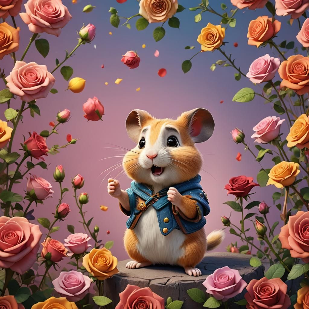 Hamster Aims at Roses in Asterix Cartoon Style