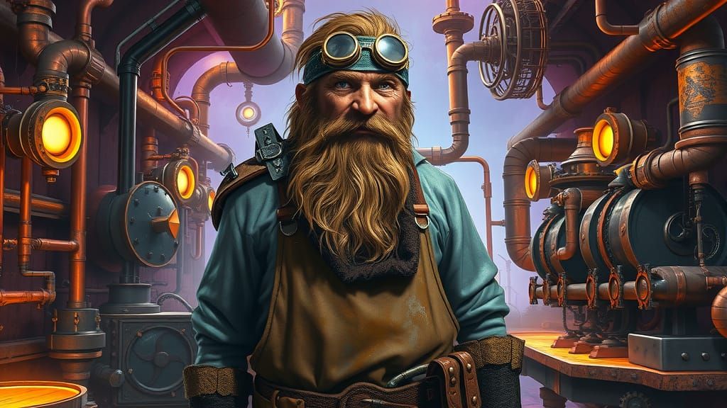Steampunk Craftsman in Industrial Landscape