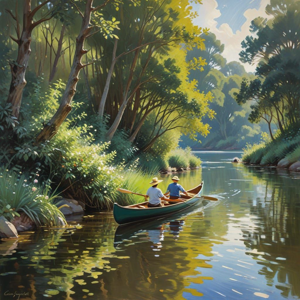Impressionist Canoe Scene in Warm Oil Painting