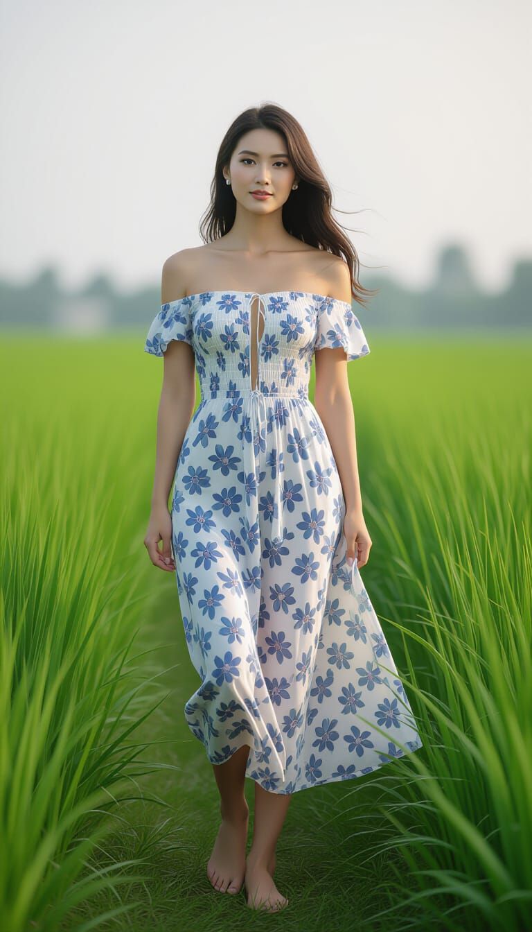 Gorgeous Woman in Floral Dress Gazes Directly