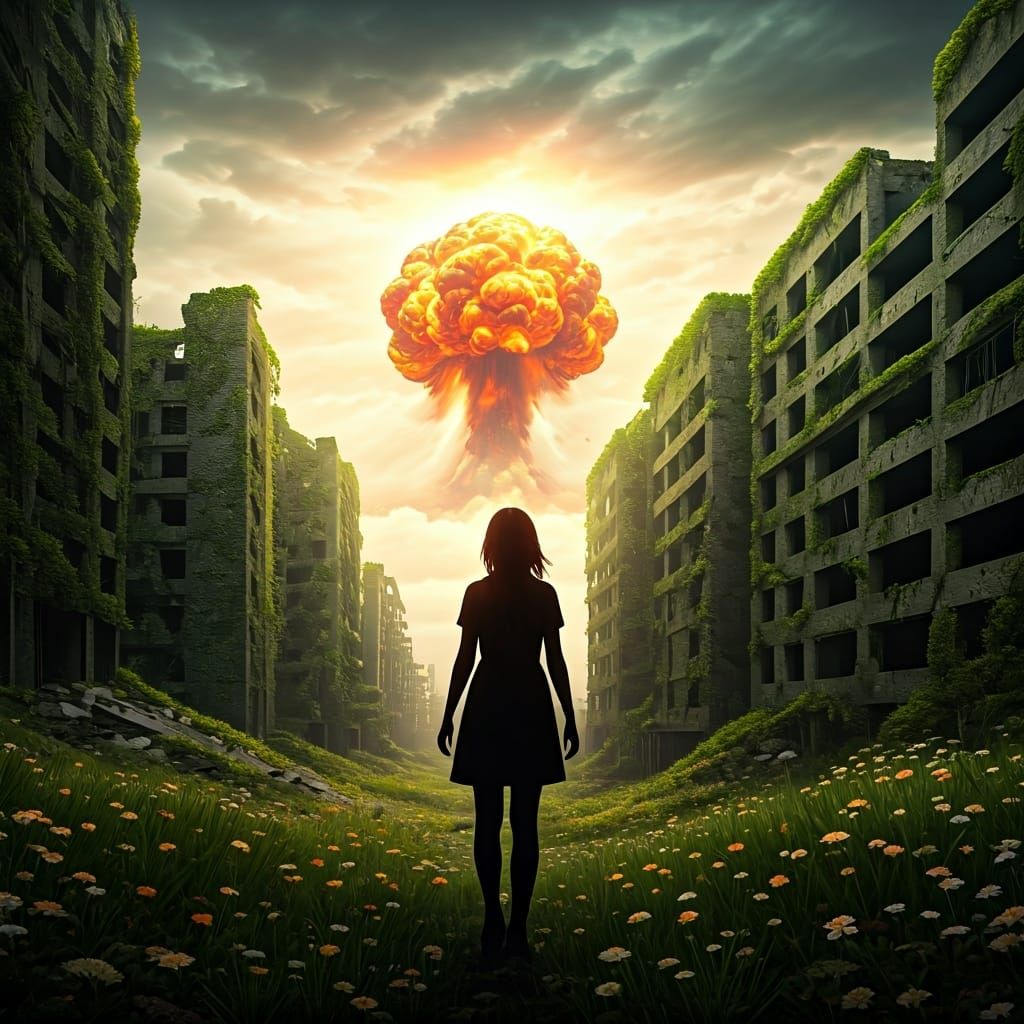 Post-Apocalyptic Silhouette in Overgrown Cityscape