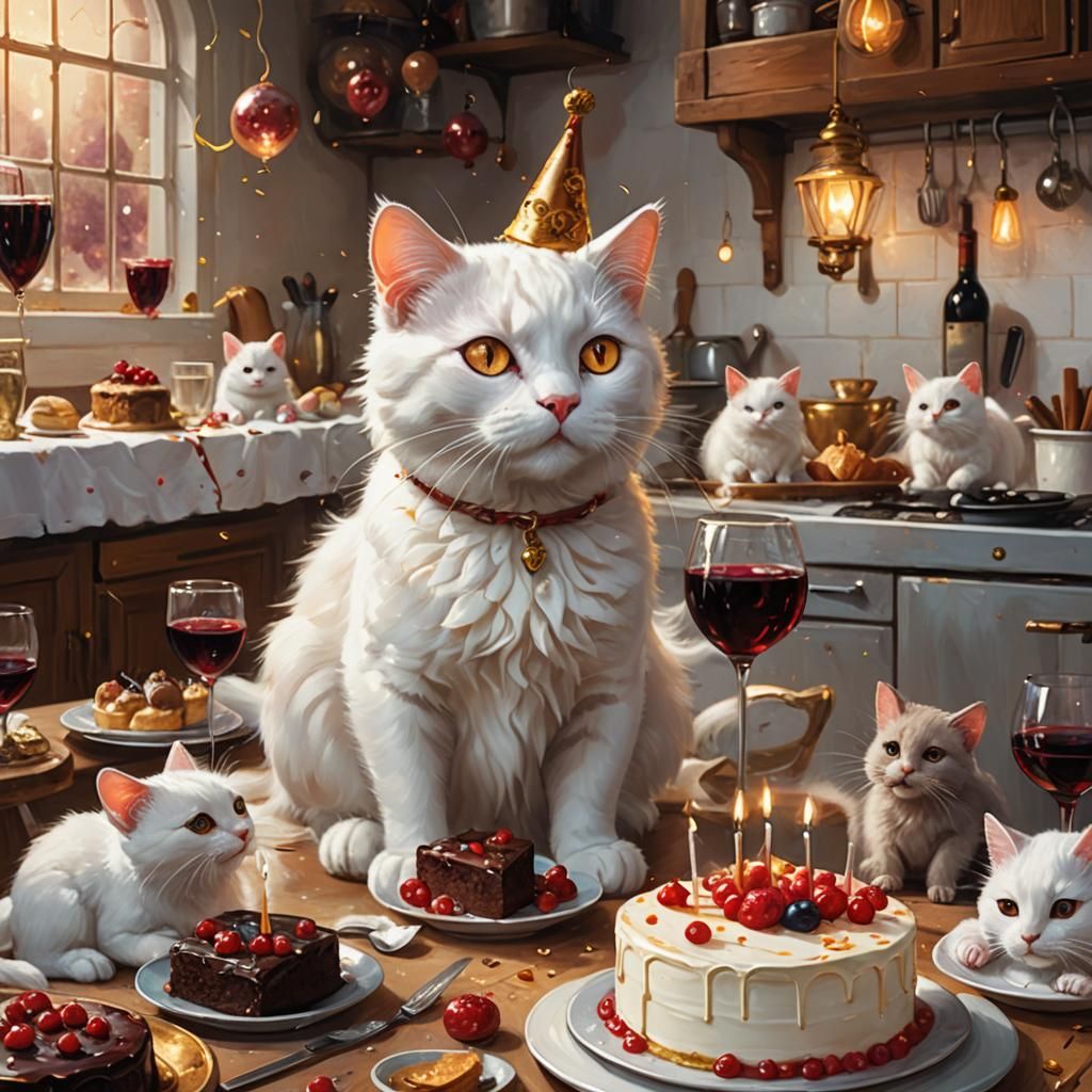 White Cat's Fantasy Birthday Party, Oil Painting Style
