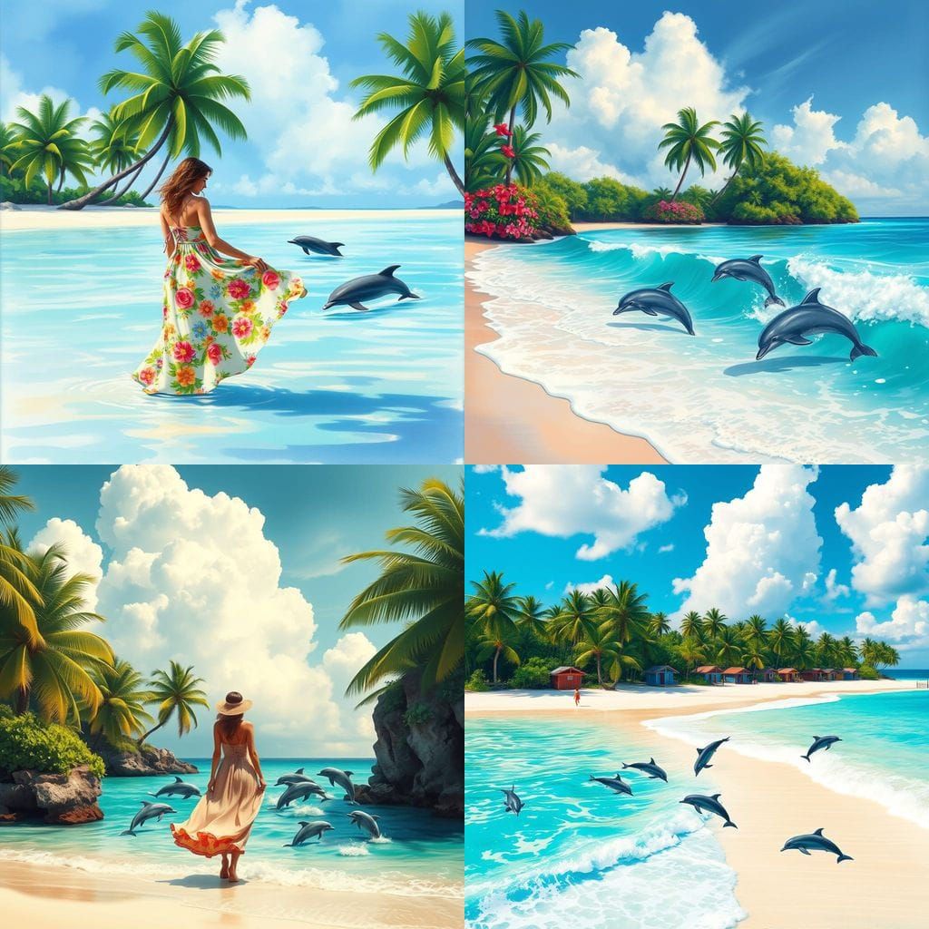 Tropical Island Beach Scene with Dolphins in a Vibrant Color...