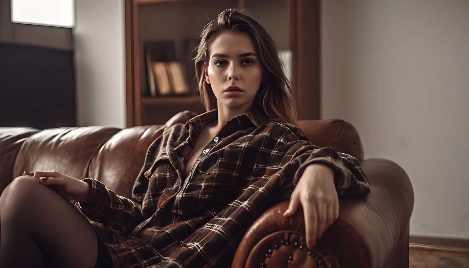 Hyperrealistic Woman on Leather Sofa in Flannel