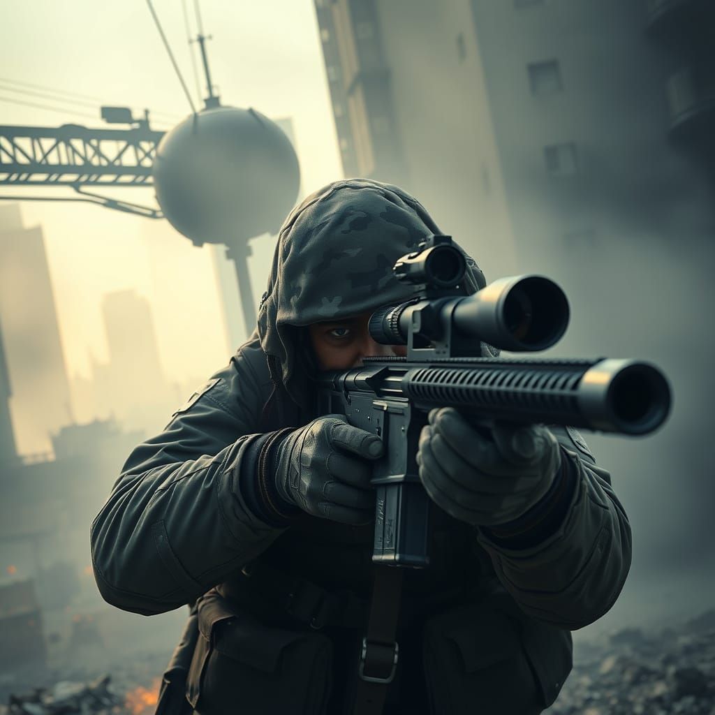 Tactical Sniper in War-Torn City: Dystopian Realism