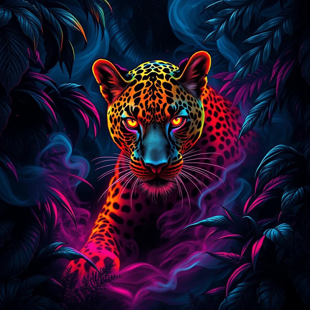 Neon Leopard in Jungle, Inspired by Street Art