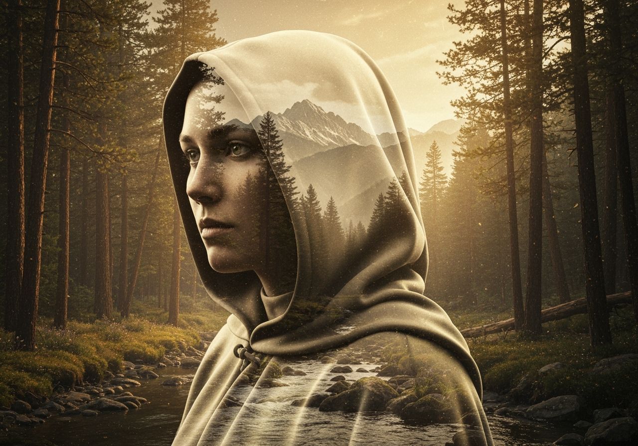 Mystical Forest Double Exposure with Hooded Figure