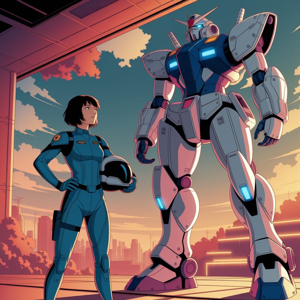 Confident Mecha Pilot Stands Before Majestic Armored Core in...