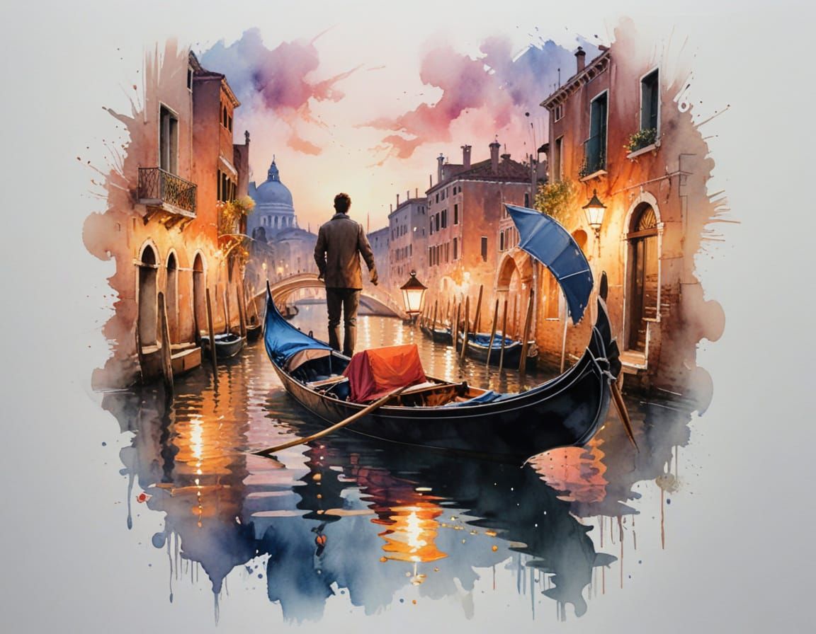 Venice Gondola at Twilight with Lantern Reflections