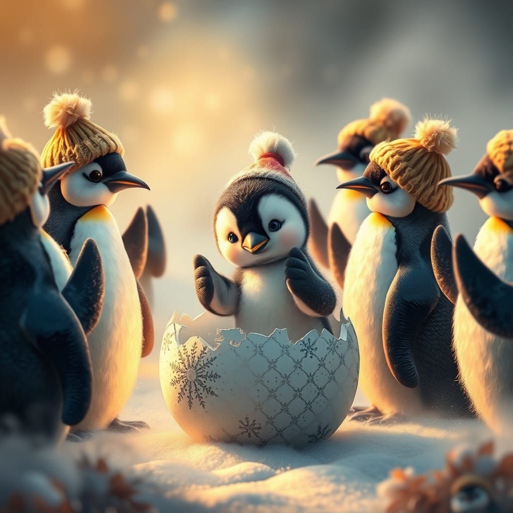 Penguin Chick Hatching in Whimsical Kinkade Style