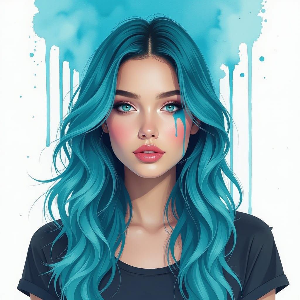 Surreal Watercolor Portrait of Turquoise-Haired Woman