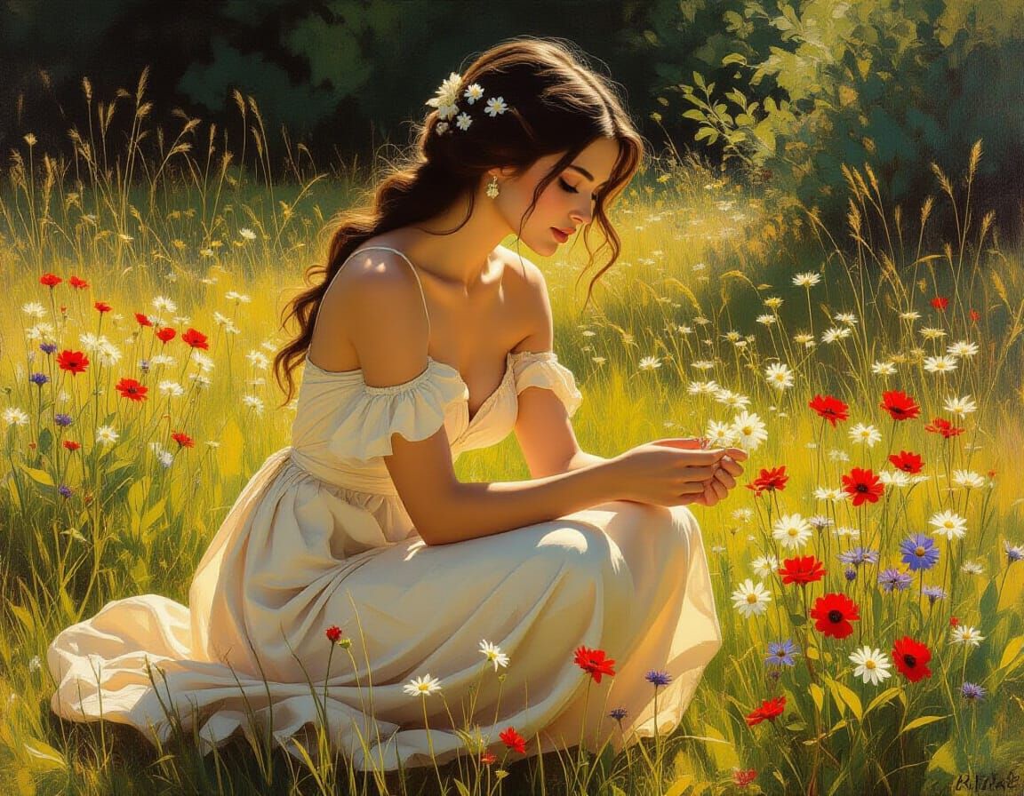 Renaissance Woman Picking Wildflowers in Sunlit Meadow