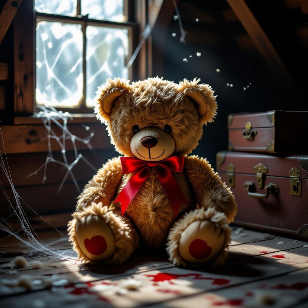 Tattered Teddy Bear in Dusty Attic by Moonlight