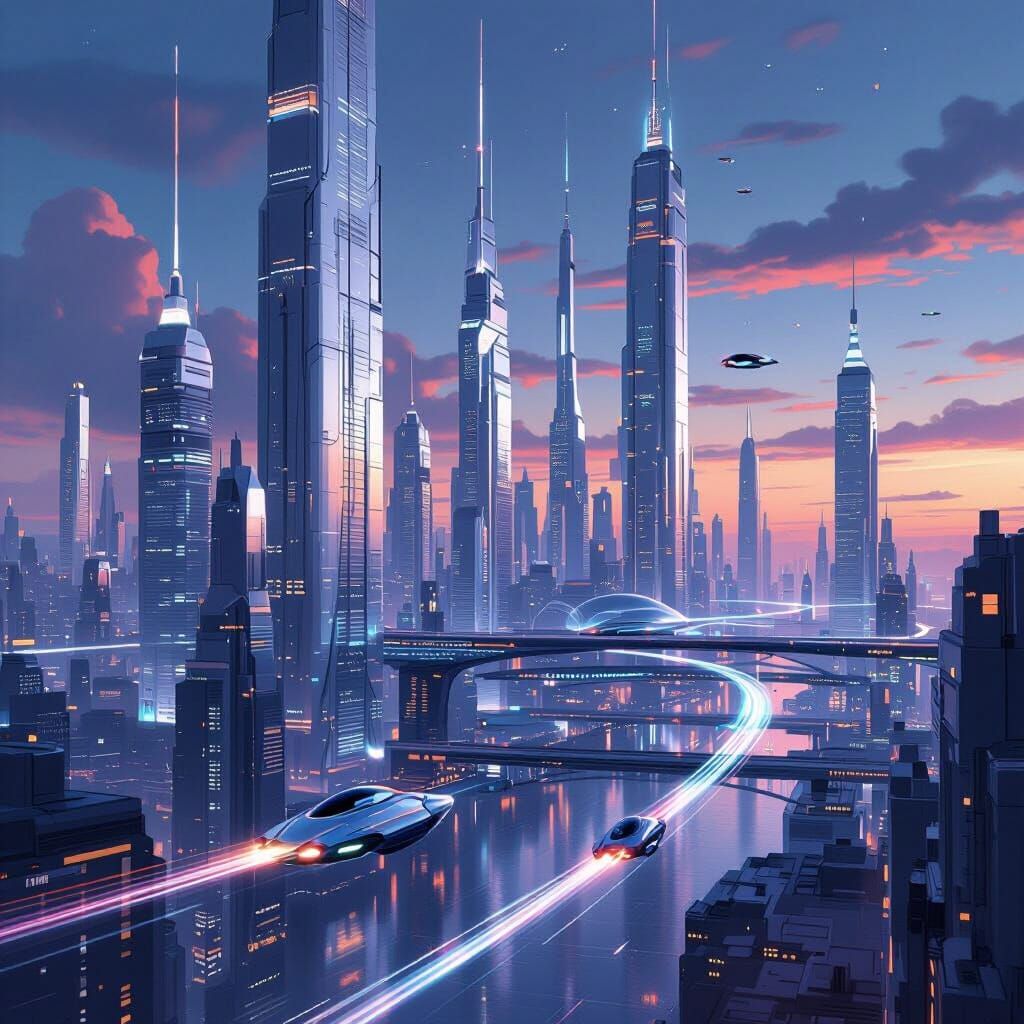 Futuristic Cityscape at Twilight in Digital Art Style