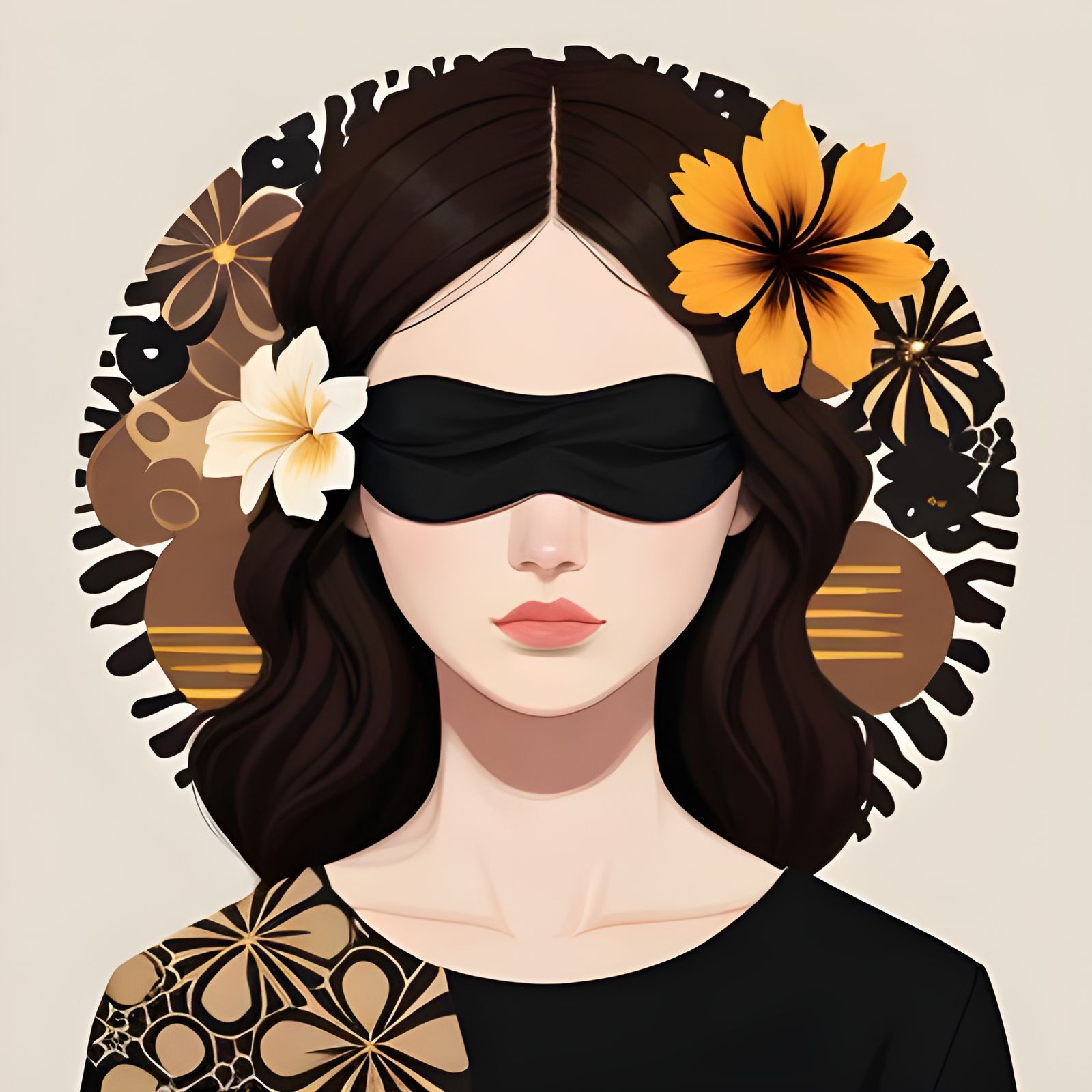 Blindfolded Woman with Black and Brown Flowers