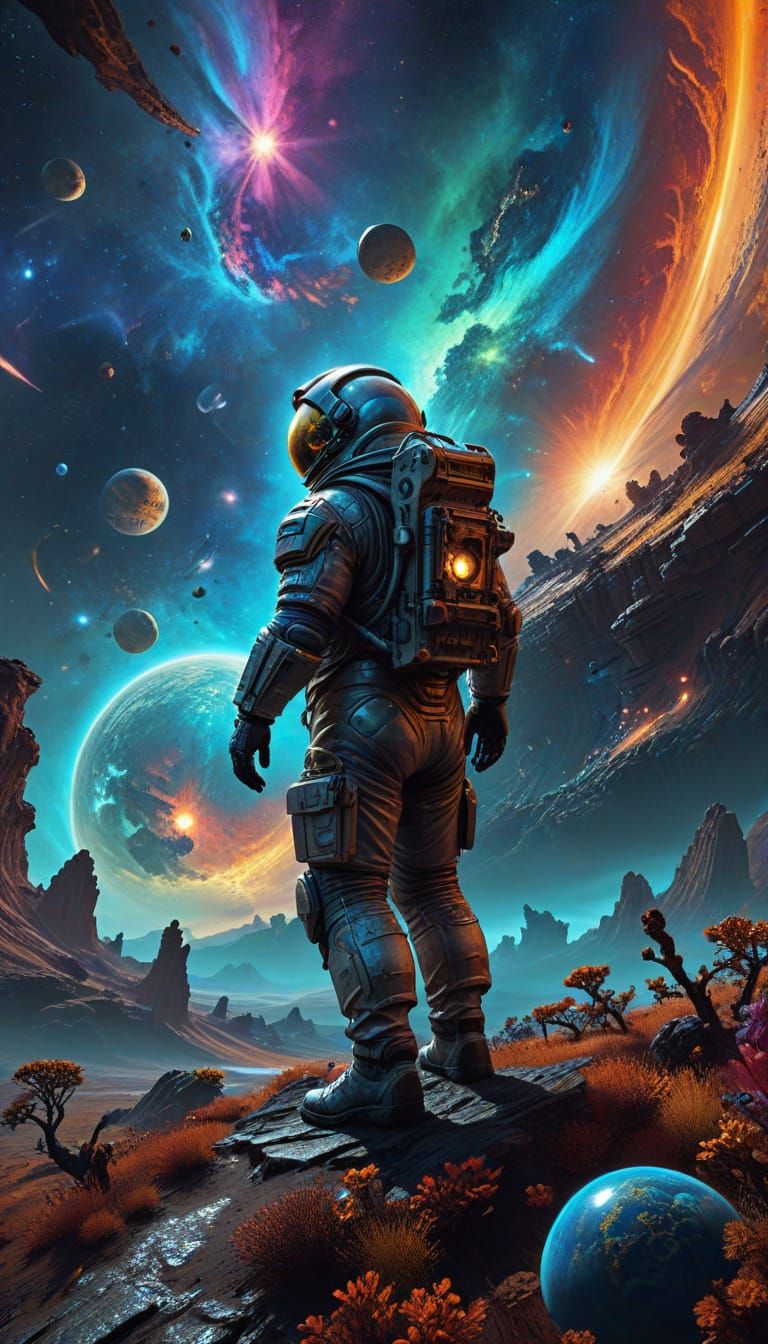 Astronaut on Alien Planet with Nebula, Matte Painting