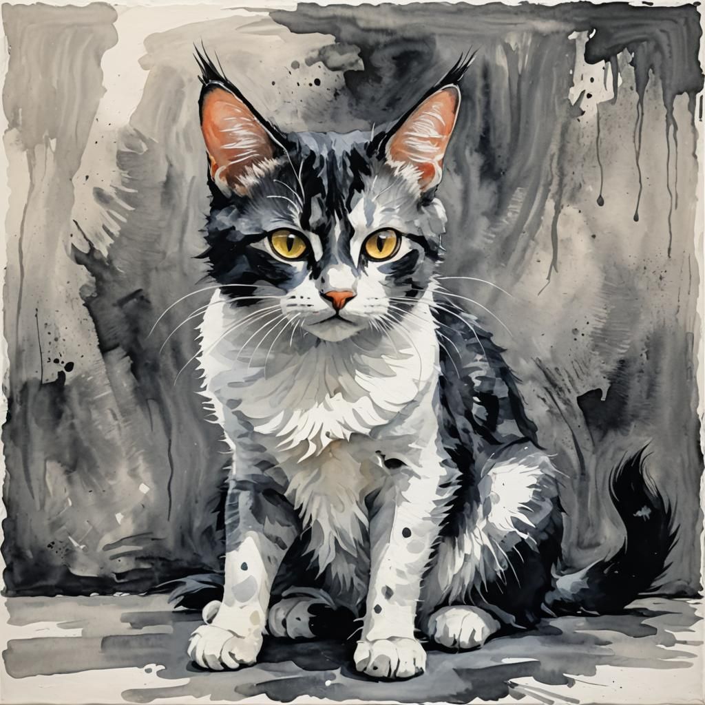 Black and White Cat in Gouache Watercolor Style