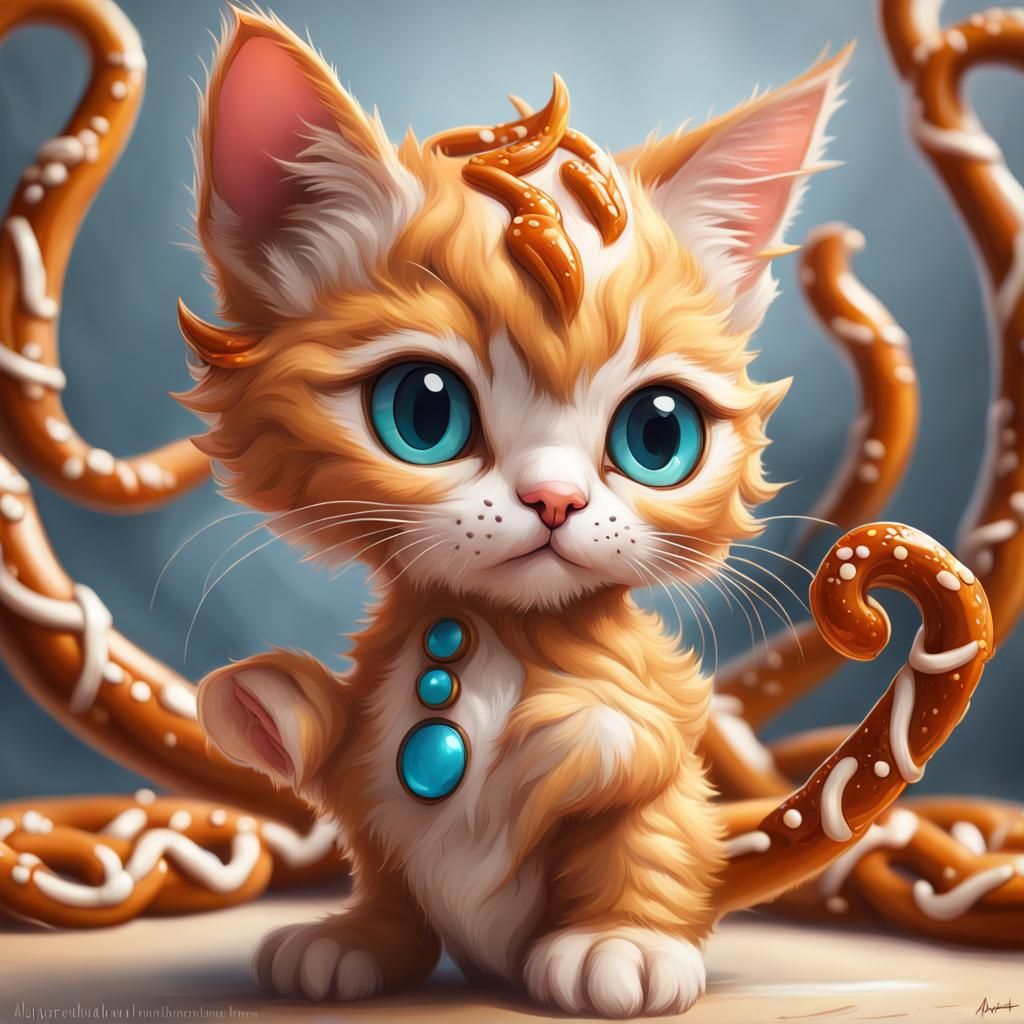 Cartoon style, pretzel Kitten