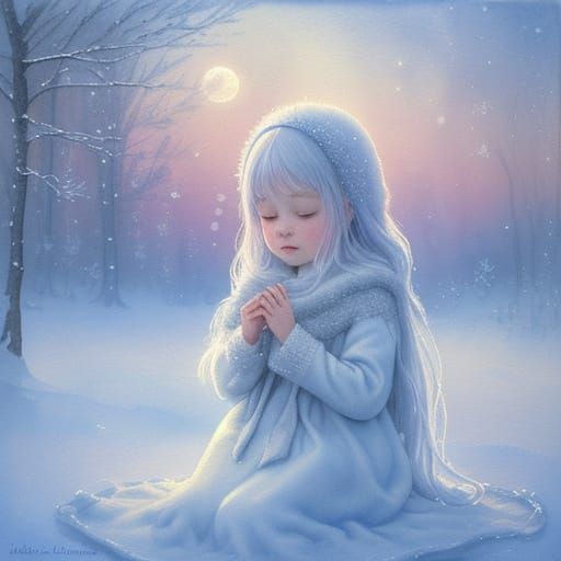 Child Watching Snow and Moon in Naive Art Style