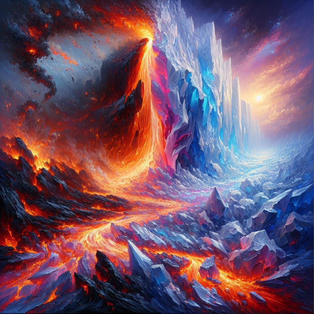 Molten Lava Meets Glacier in Impasto Painting