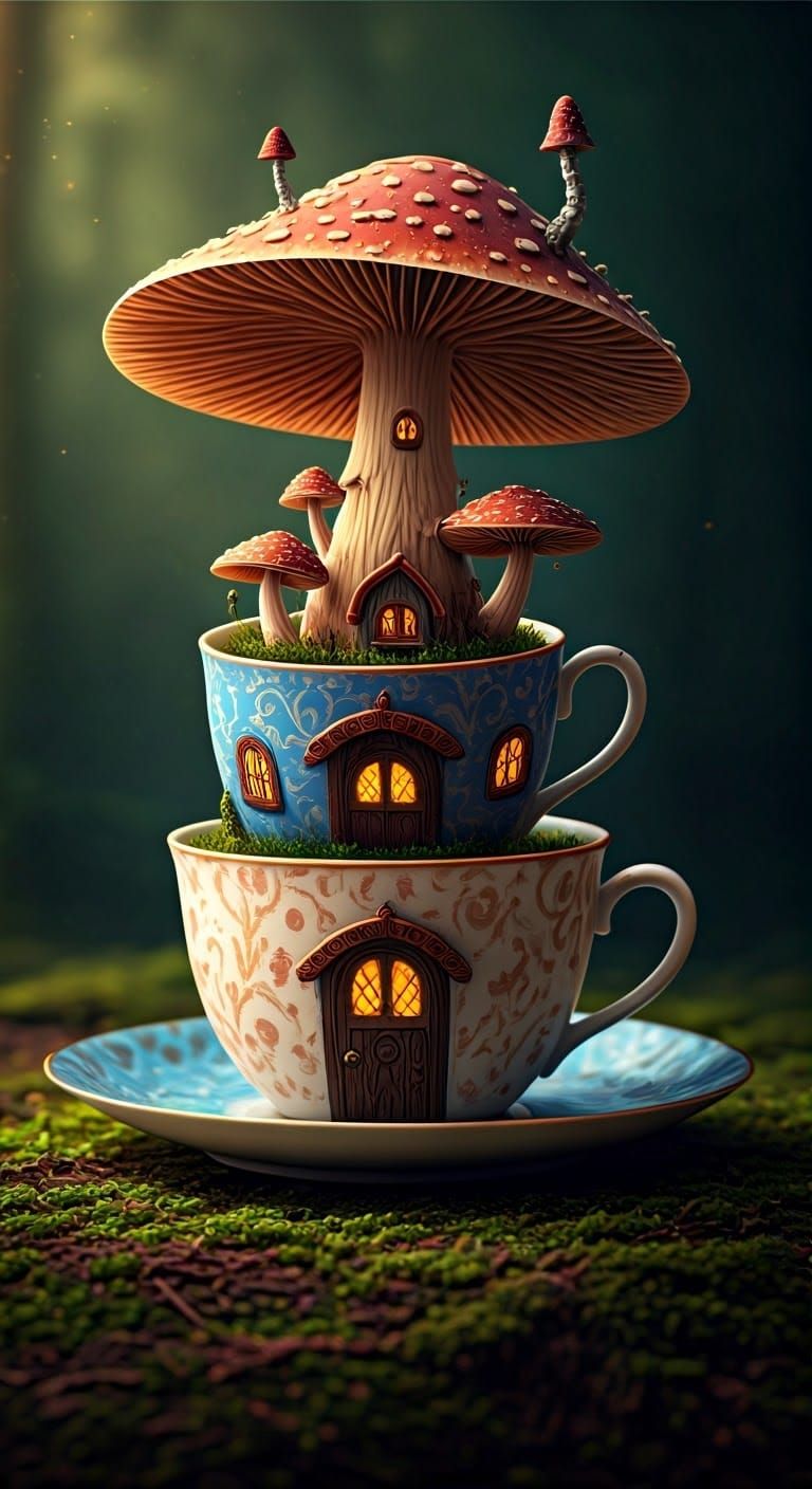 Whimsical Double Teacup Mushroom House in Misty Forest