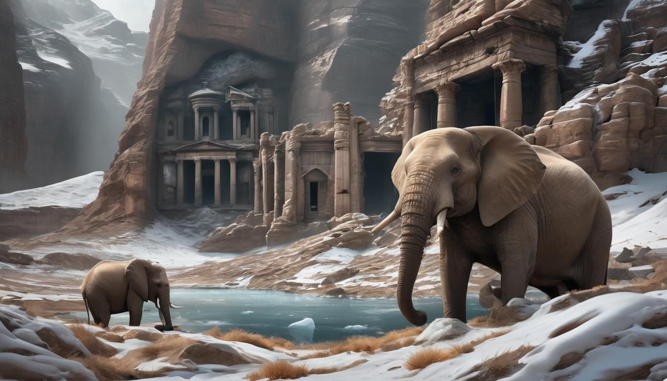 Icescape: Elephants in Frozen Temple Ruins
