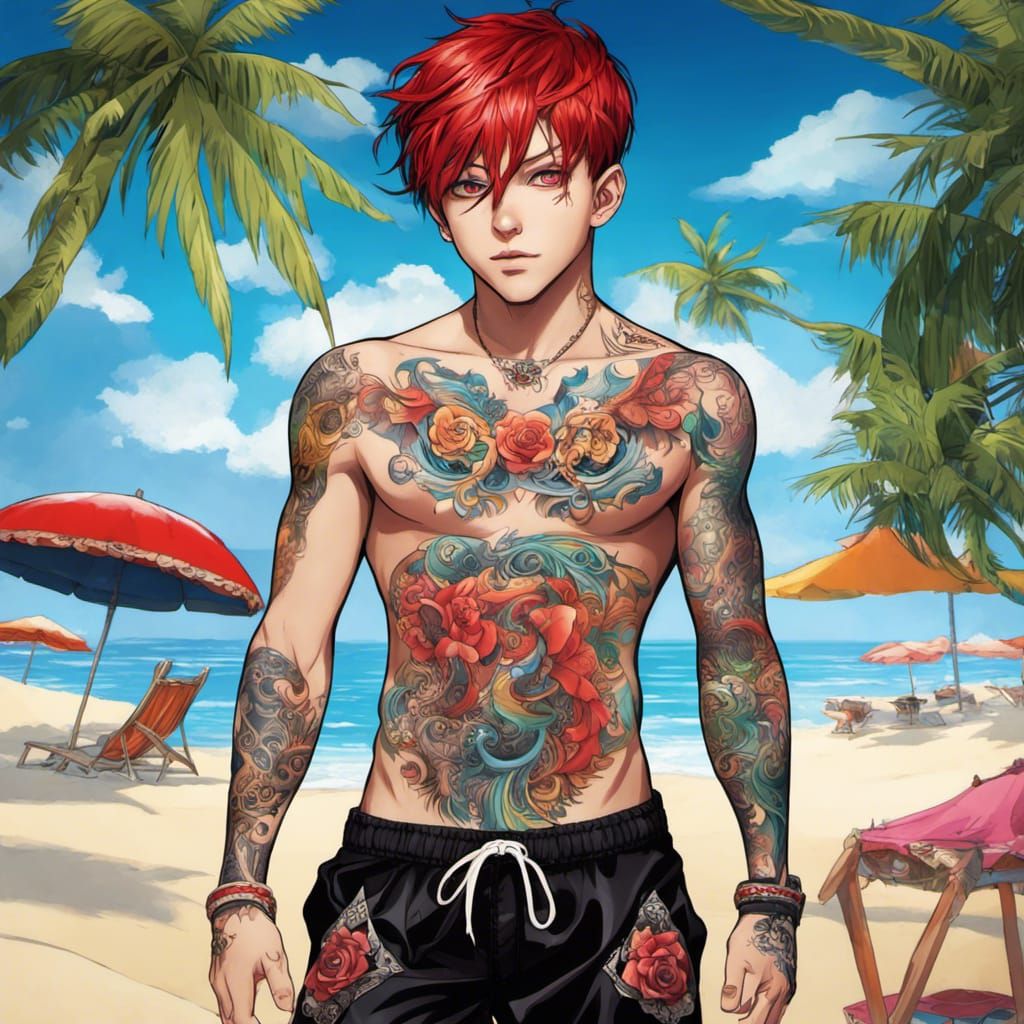Goth Boy with Rainbow Eyes on Beach, Anime Style