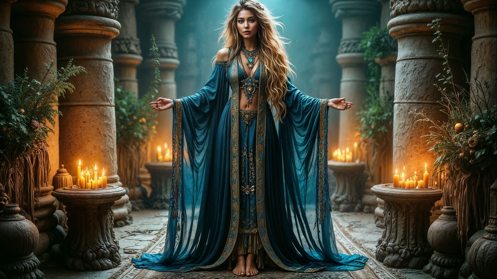 Sorceress in Bronze Age Sanctuary with Celestial Harmony