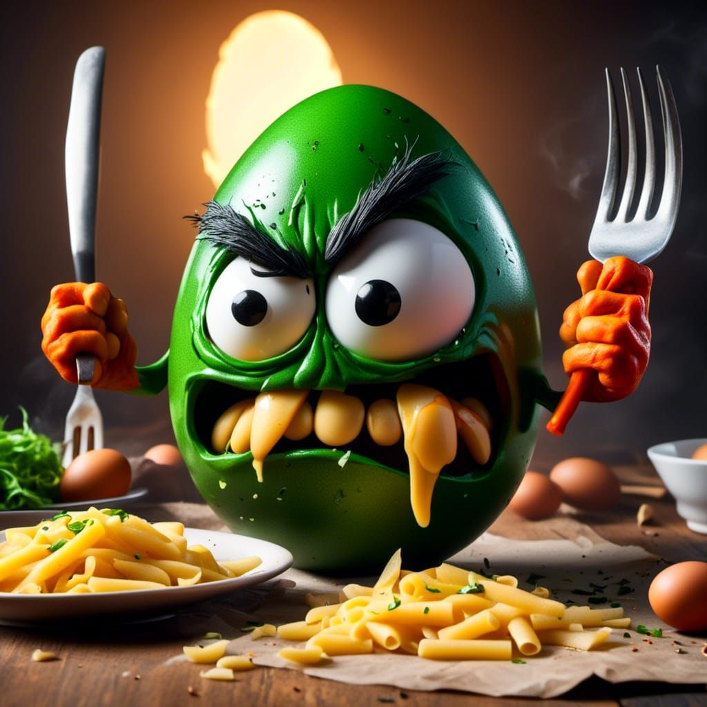 Cranky Egg with Pasta Topping, Funny AI Art