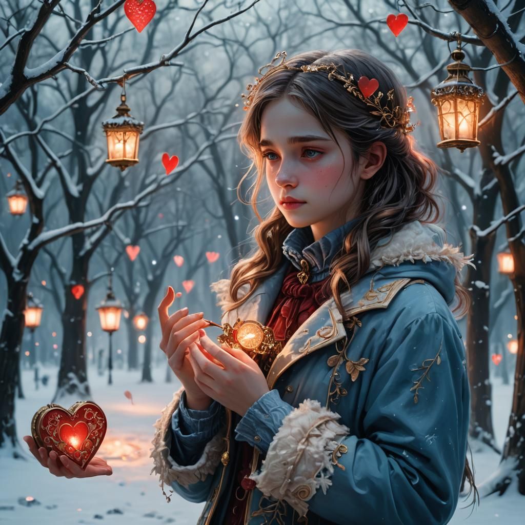 Melancholic Girl with Glowing Heart in Snowy Park