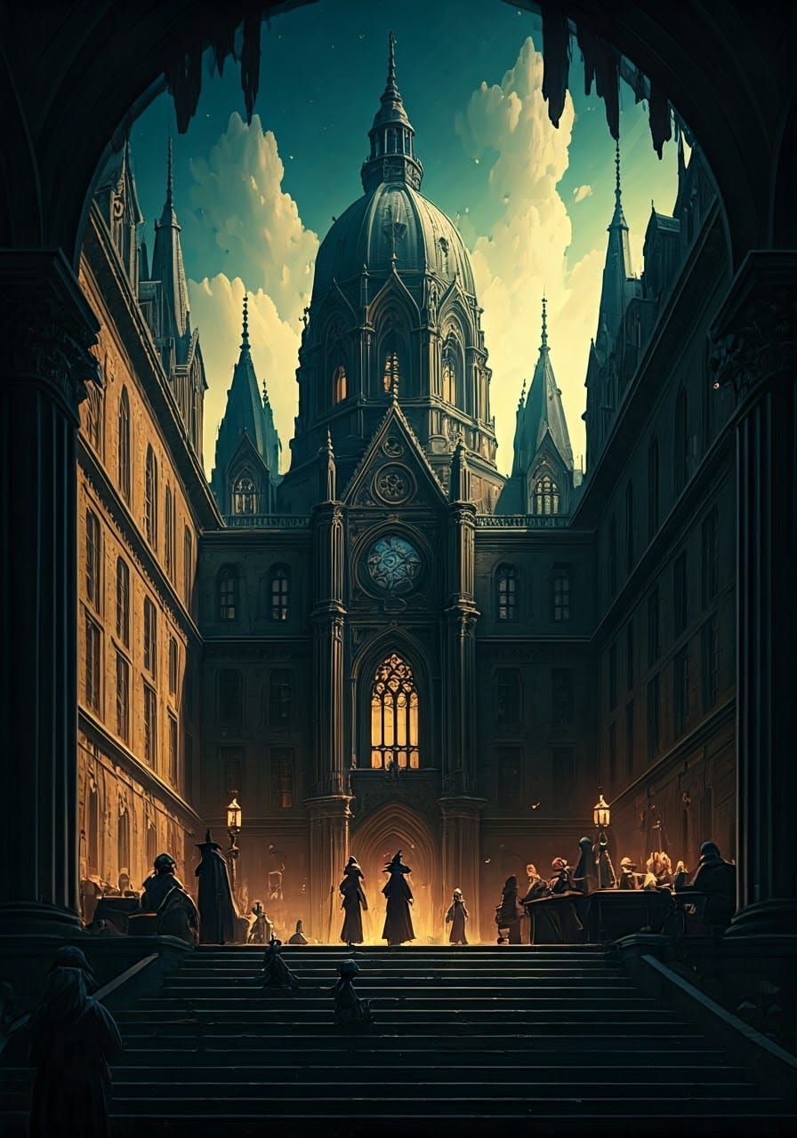 Gothic Government Building with Witches in Oil Illustration