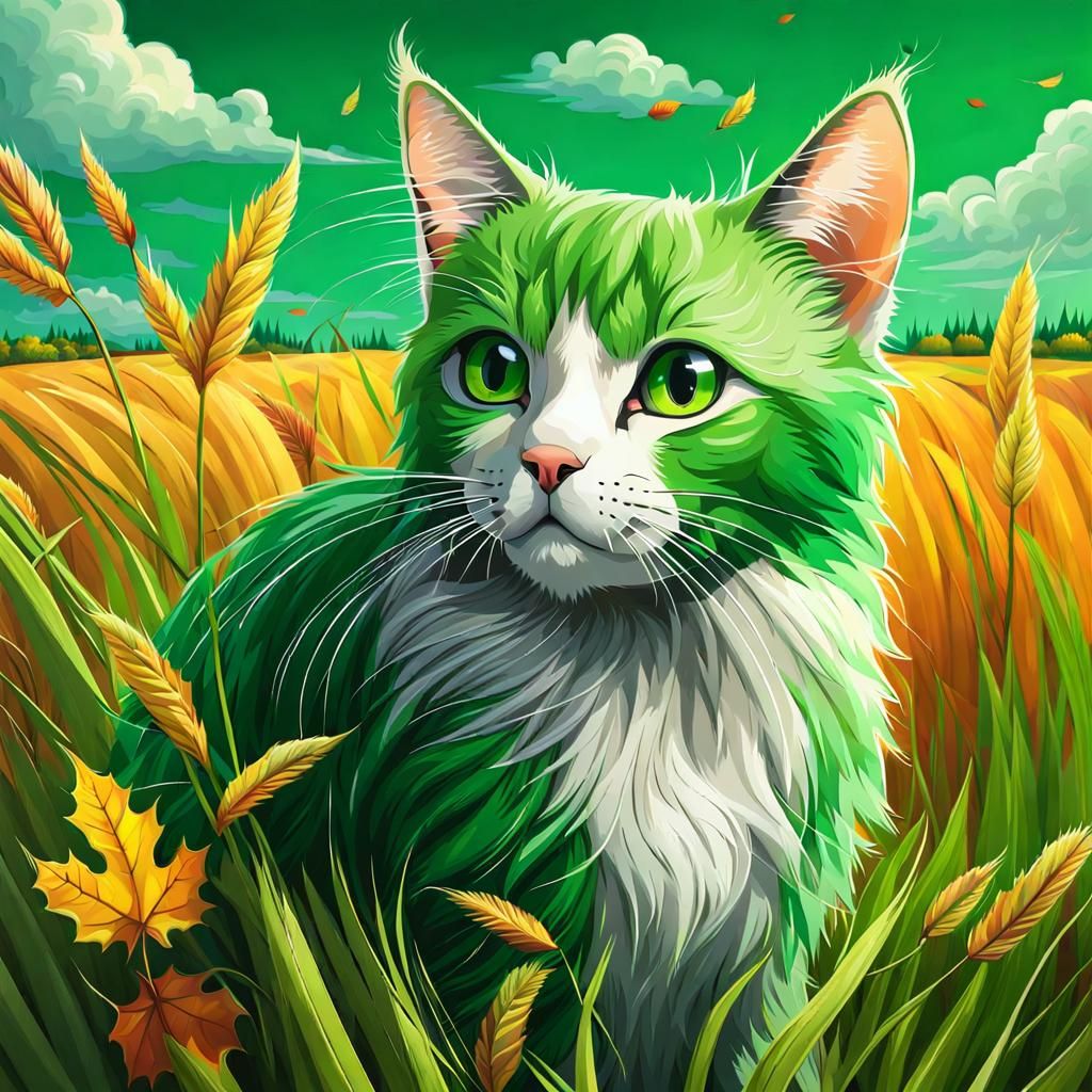 Green-Haired Cat in Autumn Field: Hyperrealistic