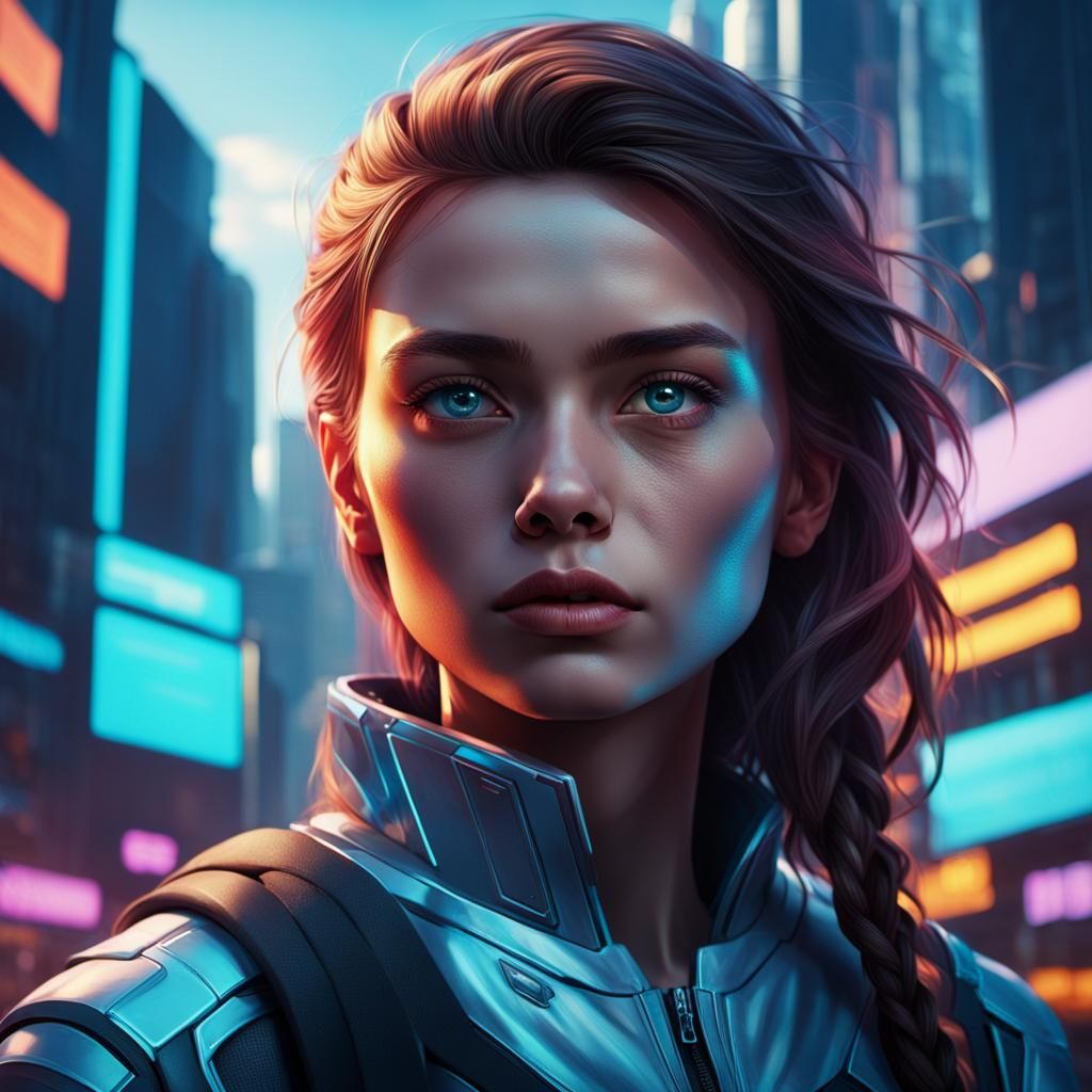 Futuristic Woman in Cyberpunk Cityscape: Digital Art