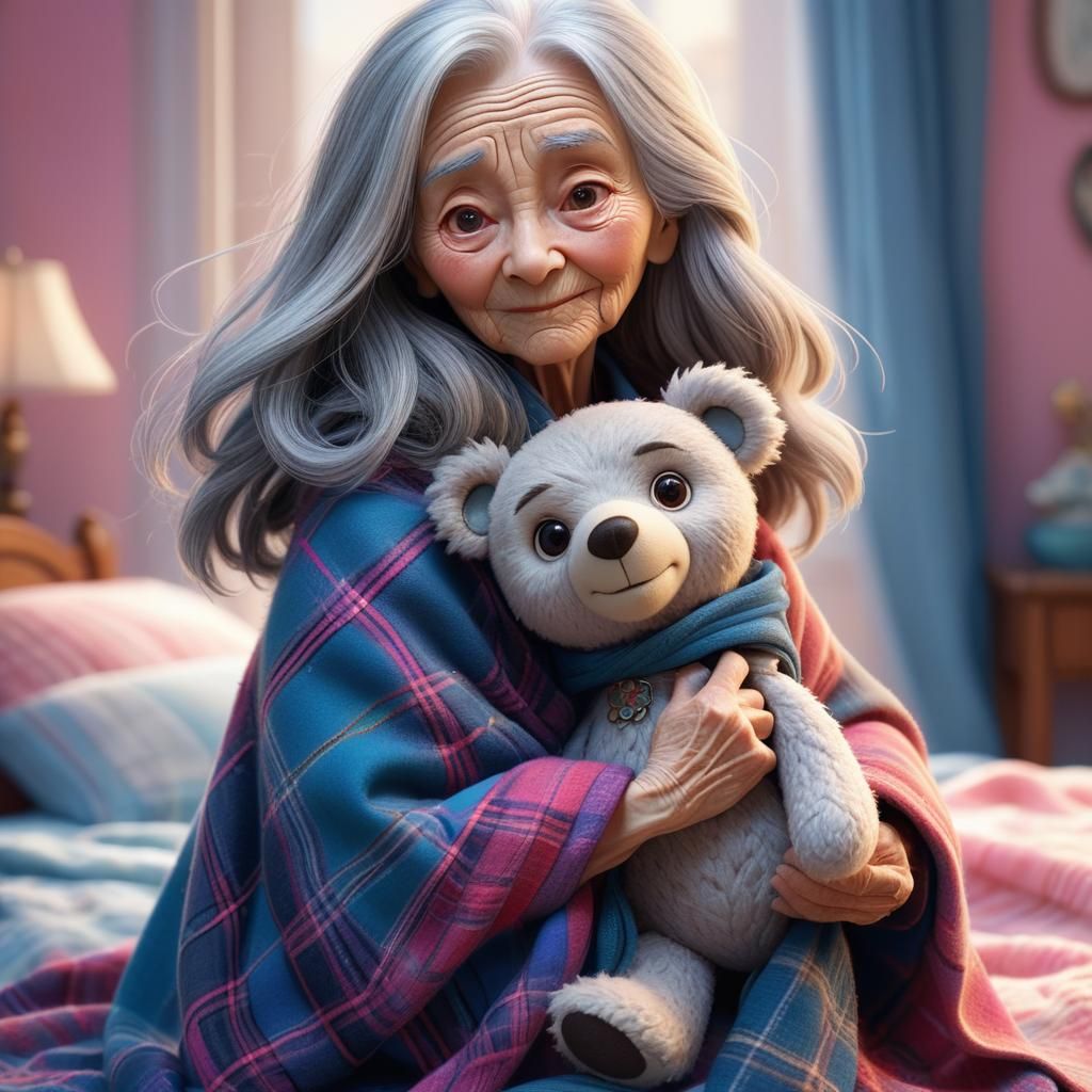 Touching 3D Anime Portrait of Woman with Teddy Bear