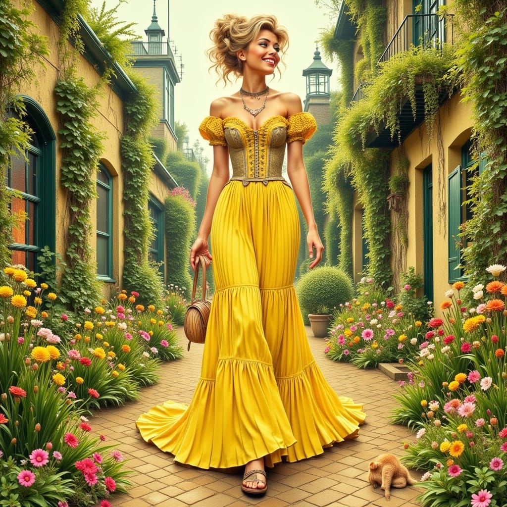 Elegant Woman in Floral Garden, Hyperrealistic Style