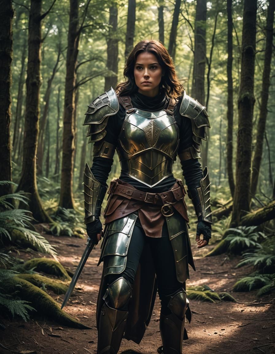 Brunette in Revealing Armor: Cinematic Forest Scene
