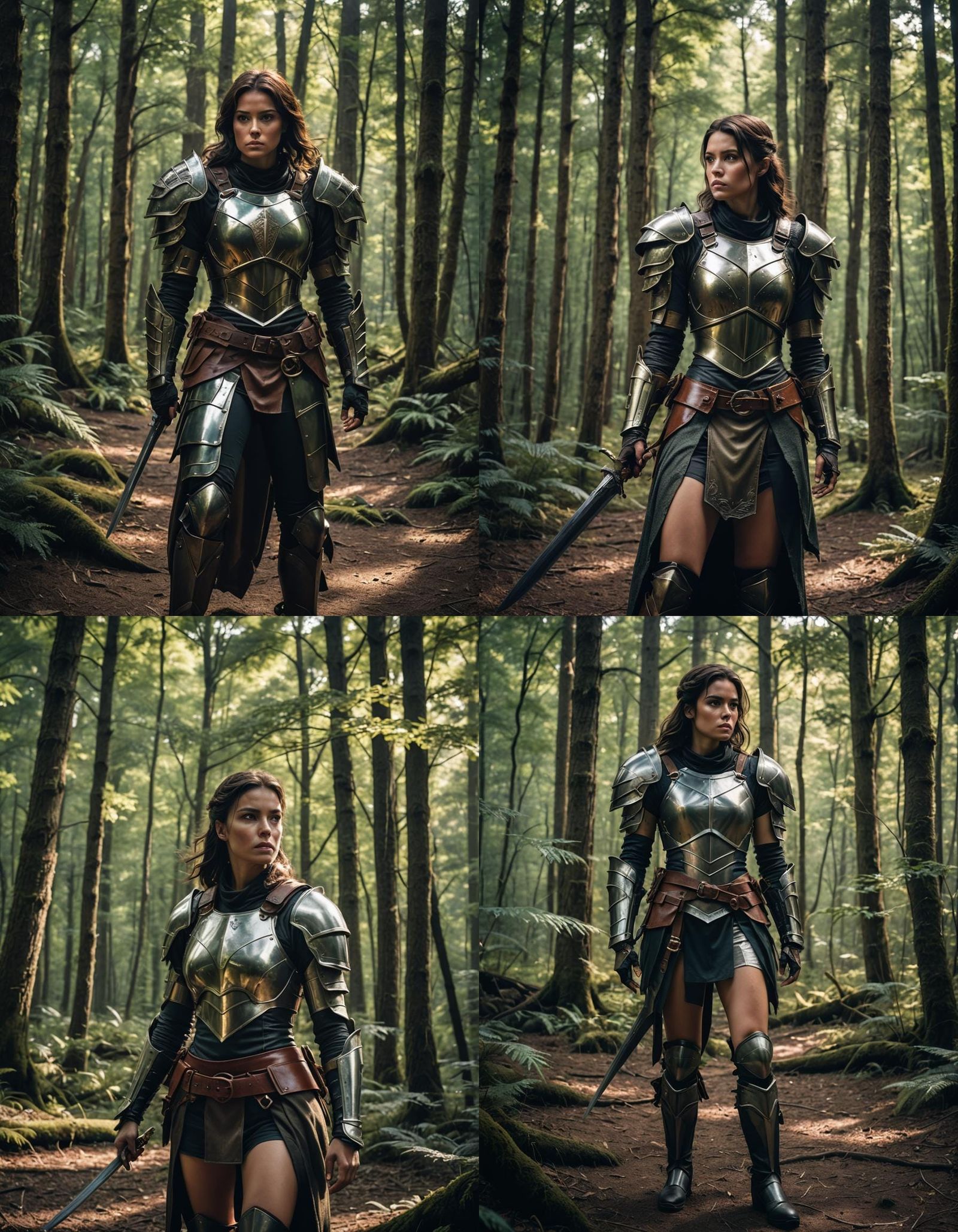 Brunette Warrior in Forest: Cinematic Film Still