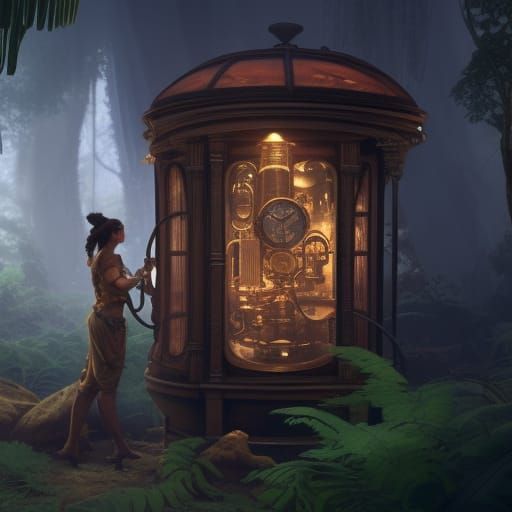 Steampunk Time Machine in Prehistoric Jungle